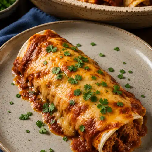 The Best Ground Beef Enchiladas served on a plate with melted cheese and sauce