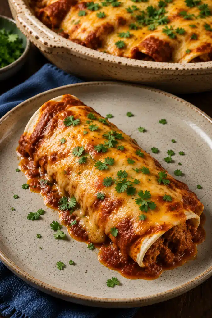 The Best Ground Beef Enchiladas served on a plate with melted cheese and sauce