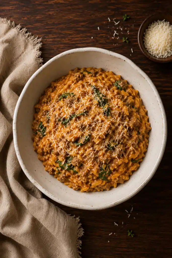 creamy ground beef orzo with spinach and parmesan in bowl