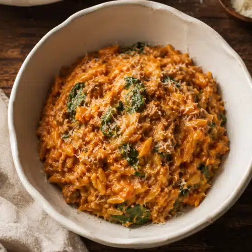 Creamy ground beef orzo with spinach and parmesan in a ceramic bowl