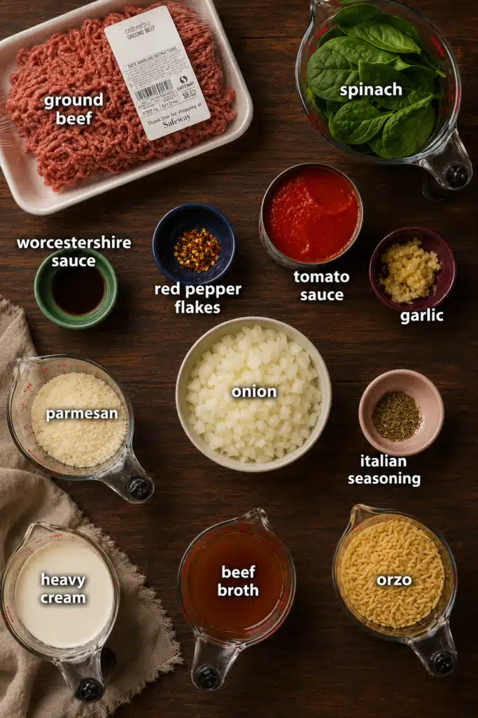 ground beef orzo ingredients laid out with spinach, beef, orzo and sauce