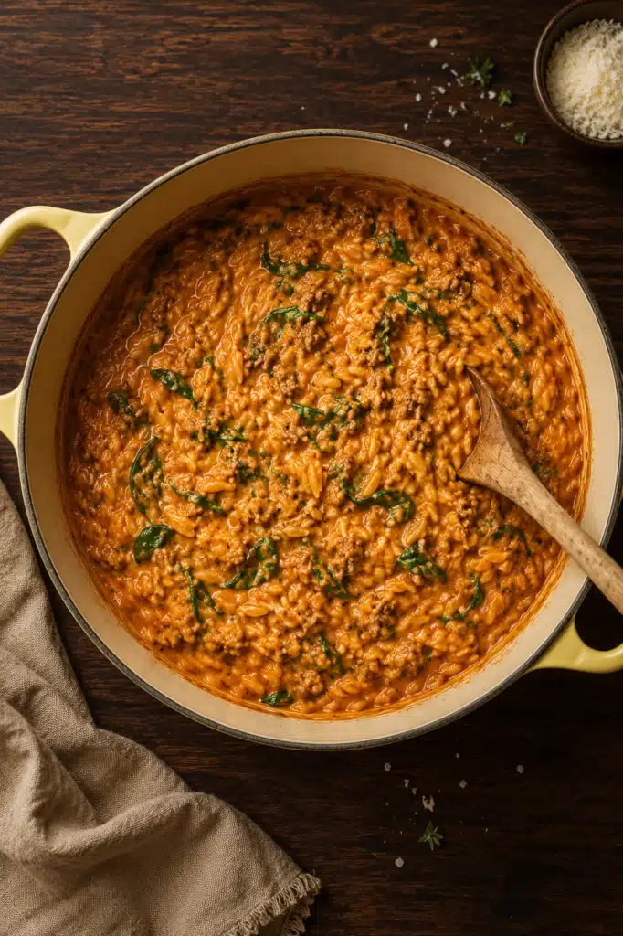 ground beef orzo cooking in skillet with creamy tomato sauce