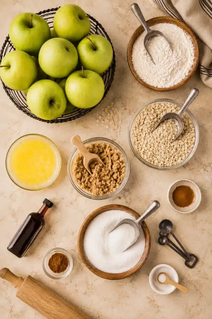 Old fashioned apple crisp ingredients arranged in bowls and fresh apples