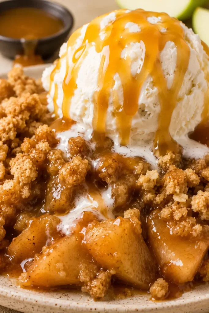 Old fashioned apple crisp with vanilla ice cream and caramel topping