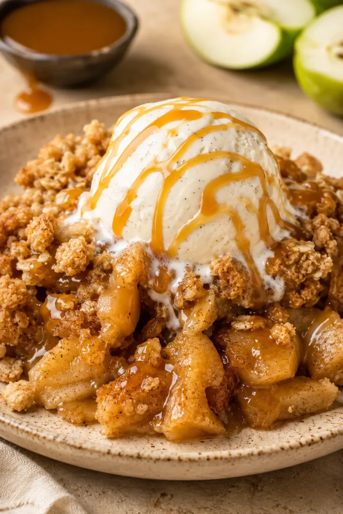 Old fashioned apple crisp with vanilla ice cream and caramel drizzle on a plate