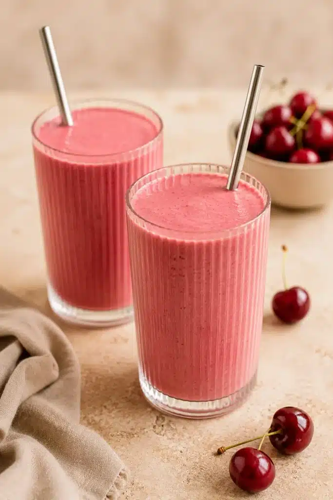 Creamy Almond Cherry Smoothie in glasses with fresh cherries
