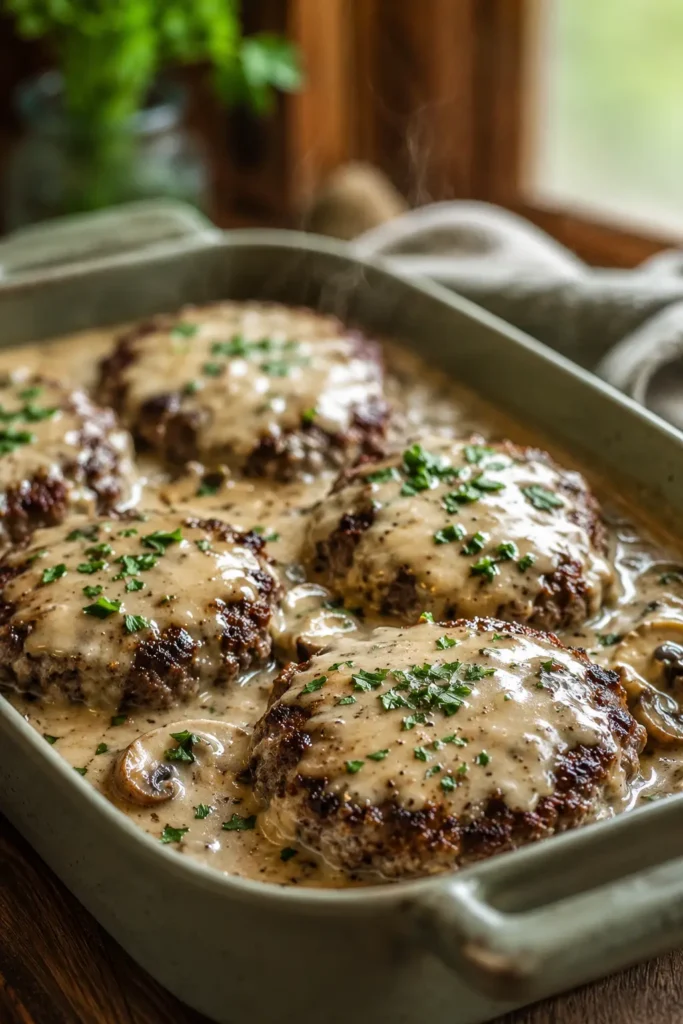 Amish Hamburger Steak Bake with creamy mushroom gravy and parsley garnish in a casserole dish
