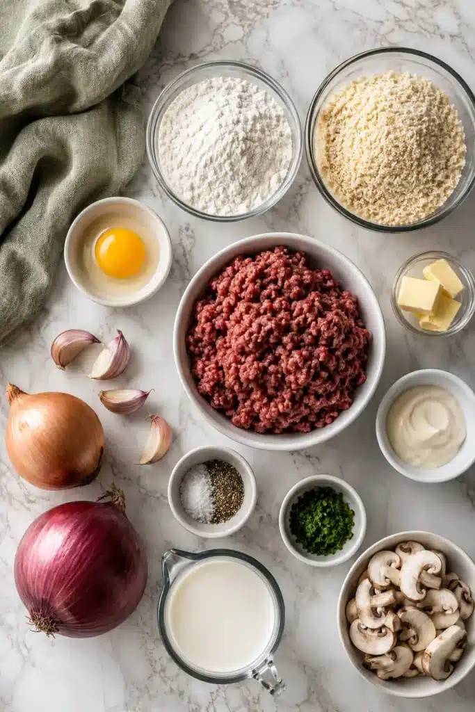Ingredients for Amish Hamburger Steak Bake arranged on a marble countertop