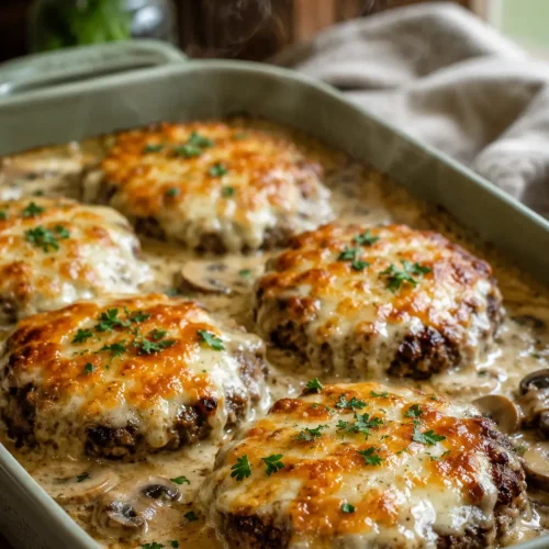Amish Hamburger Steak Bake topped with melted cheese and creamy gravy