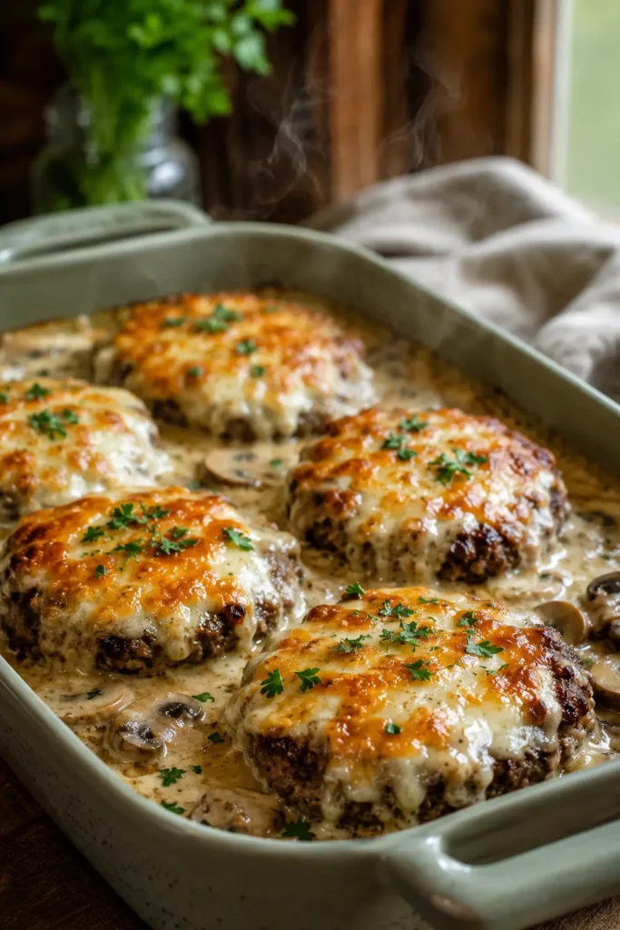 Amish Hamburger Steak Bake topped with melted cheese and creamy gravy