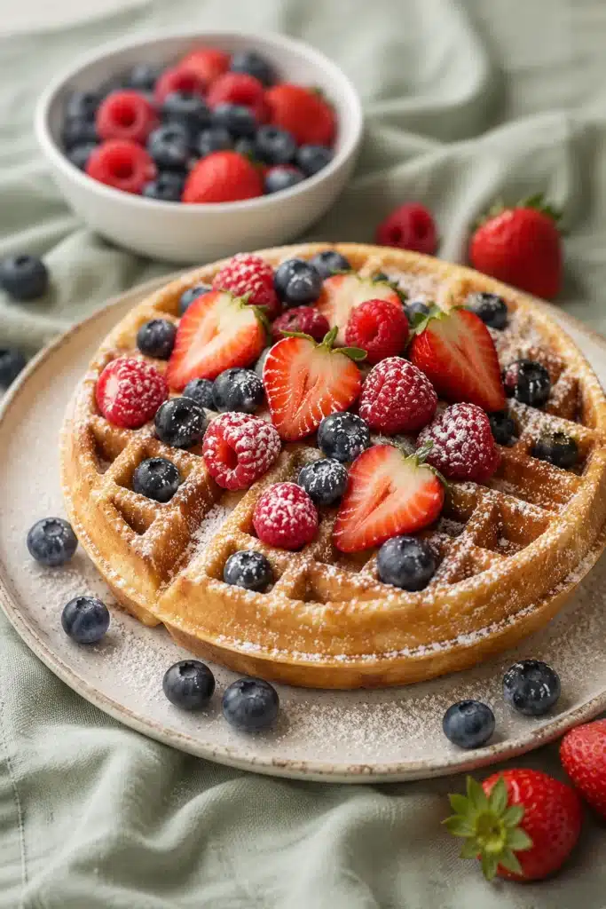Belgian Waffle Recipe topped with fresh berries and powdered sugar