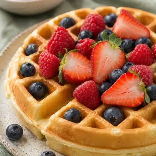 Belgian Waffle Recipe topped with strawberries, raspberries, and blueberries