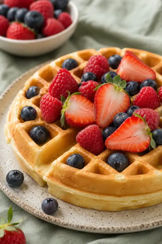 Belgian Waffle Recipe topped with strawberries, raspberries, and blueberries