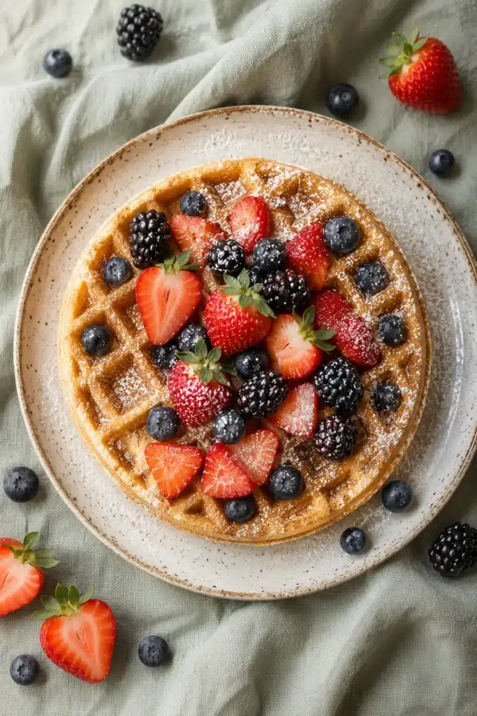 Belgian waffle topped with fresh berries and powdered sugar on a rustic breakfast plate