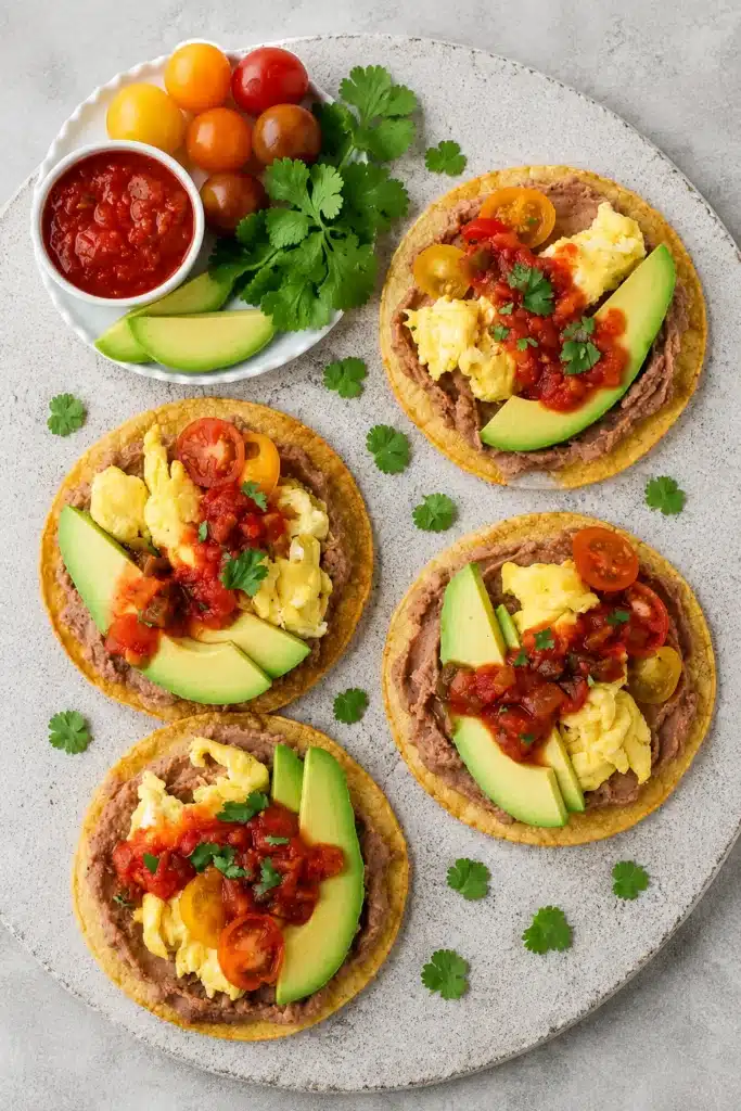 Breakfast Tostadas served with avocado, salsa, eggs, and refried beans on crispy corn tortillas