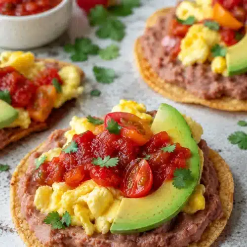 Breakfast Tostadas topped with eggs, avocado, beans, and salsa on crispy corn tortillas