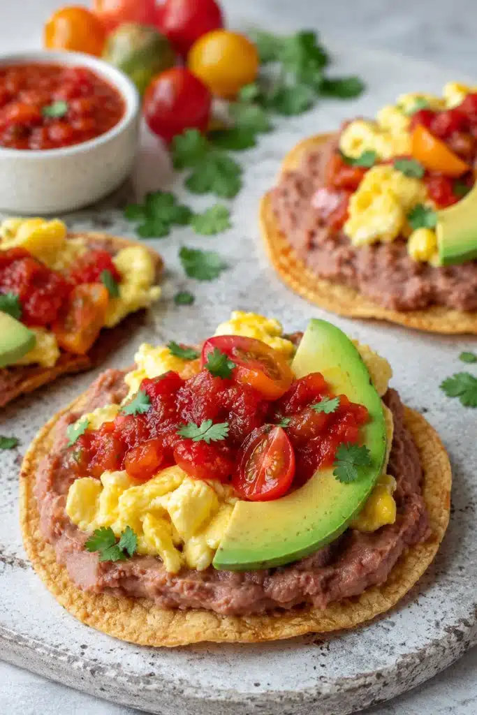 Breakfast Tostadas topped with eggs, avocado, beans, and salsa on crispy corn tortillas