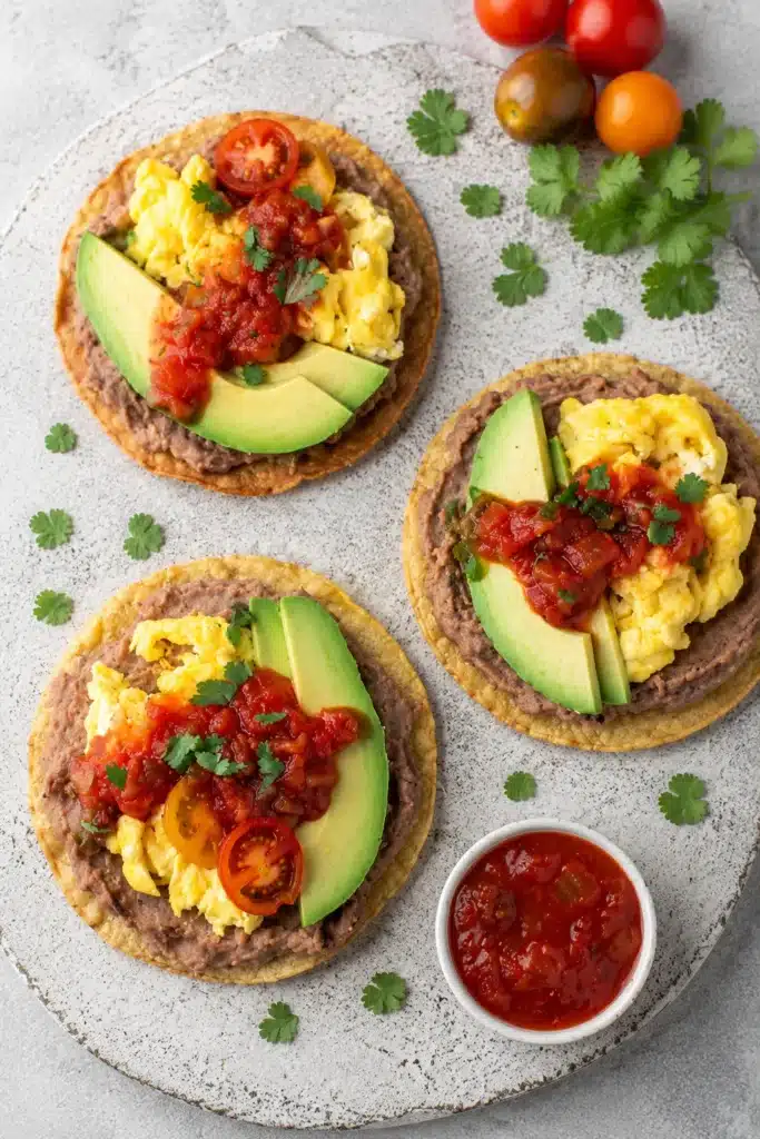 Breakfast Tostadas topped with eggs, avocado, beans, and salsa on crispy corn tortillas