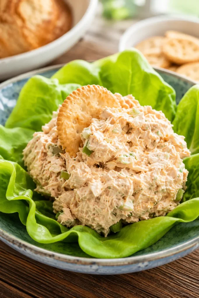 Chicken Salad Chick Buffalo Barclay served on fresh lettuce leaves with a cracker