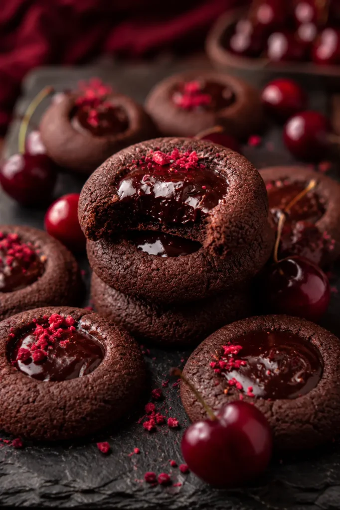 Chocolate cherry thumbprint cookies with glossy ganache filling and fresh cherries.