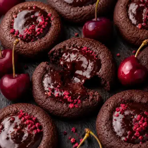 Chocolate Cherry Cookies with glossy chocolate cherry ganache filling