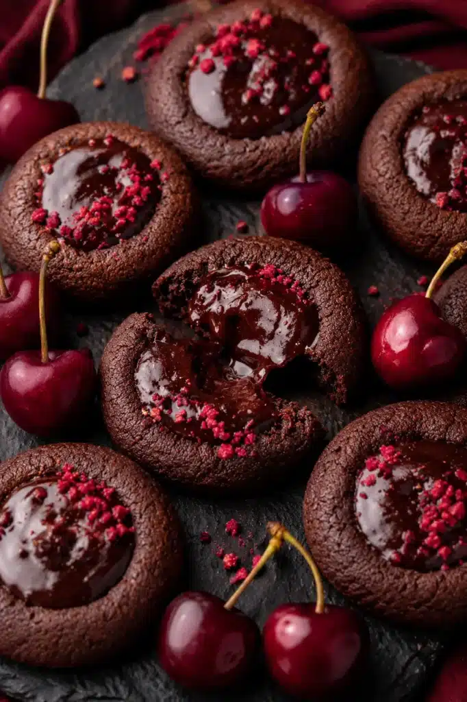 Chocolate Cherry Cookies with glossy chocolate cherry ganache filling