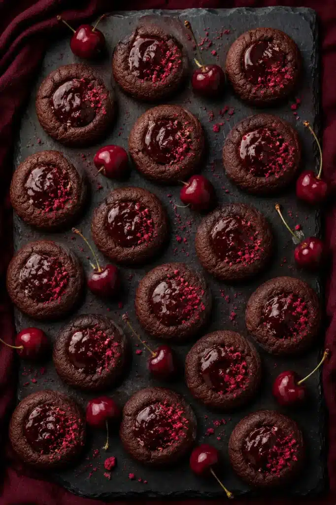 Chocolate Cherry Cookies arranged on a serving board with fresh cherries