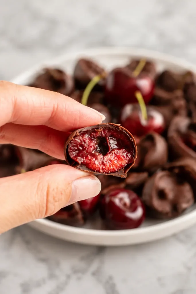 Hand holding a Chocolate-Covered Cherry with juicy red cherry center