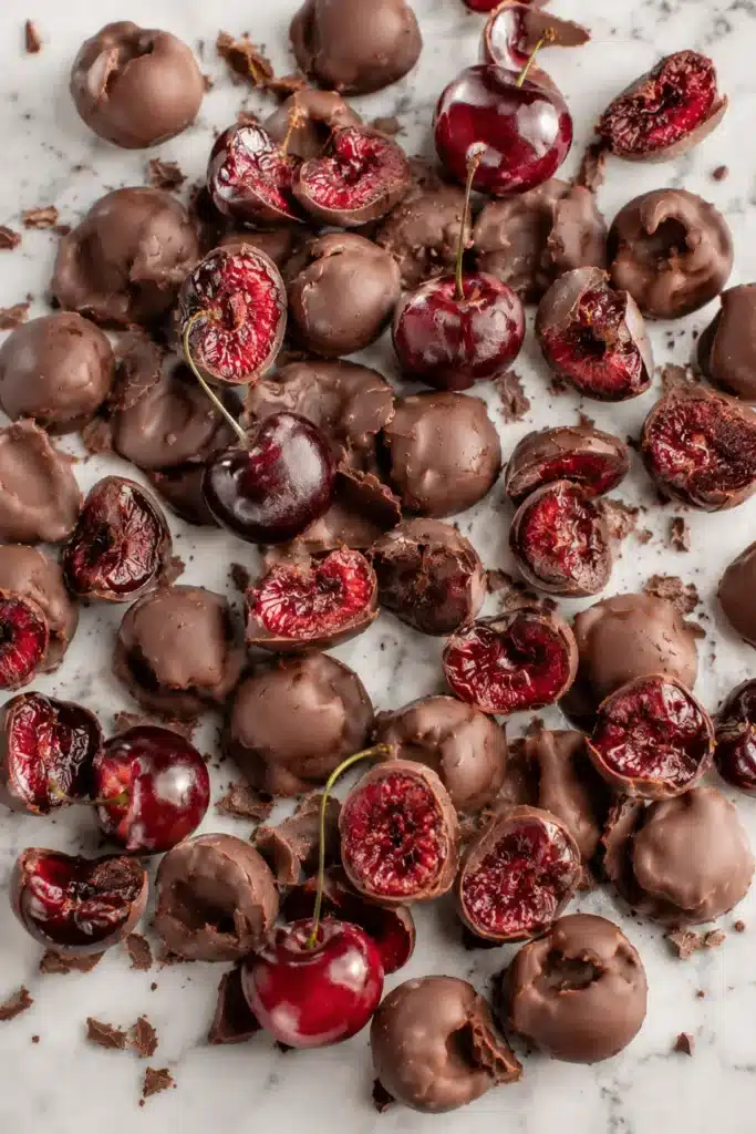Chocolate-Covered Cherries with juicy red centers and smooth chocolate coating