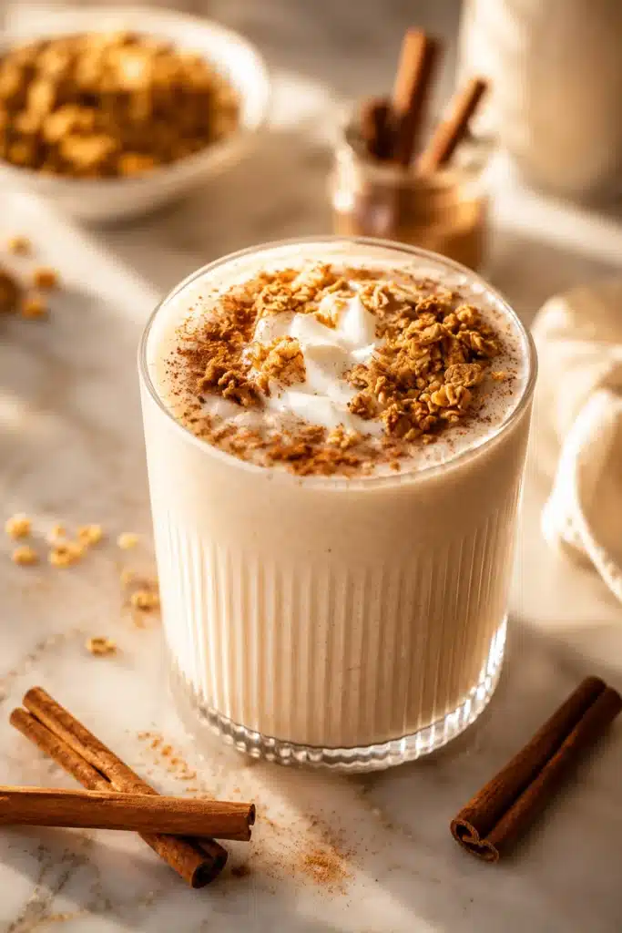 Cinnamon Roll Protein Shake topped with granola, whipped yogurt, and cinnamon in a glass