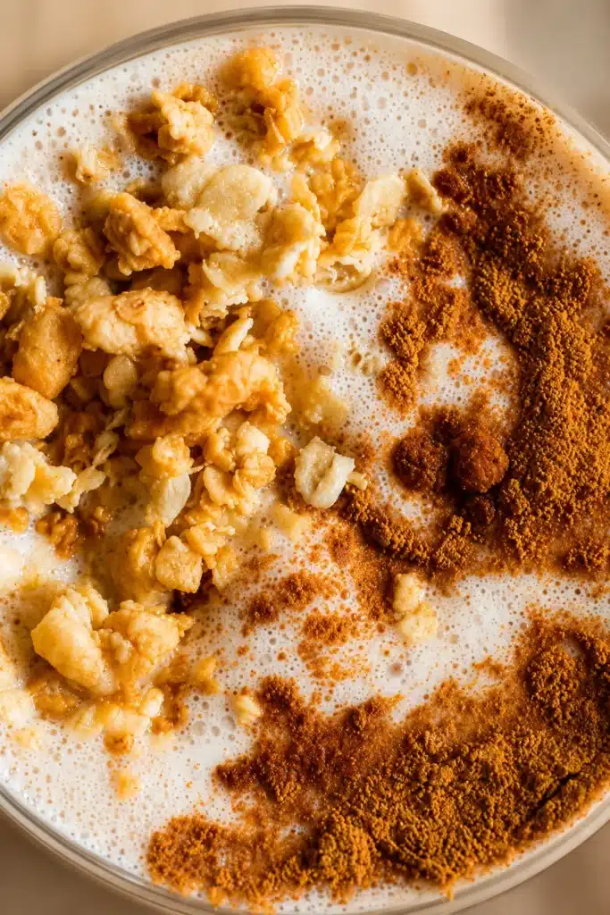 Cinnamon Roll Protein Shake with granola and cinnamon topping