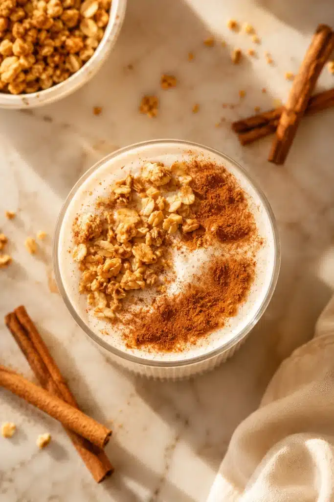 Cinnamon Roll Protein Shake topped with granola and cinnamon