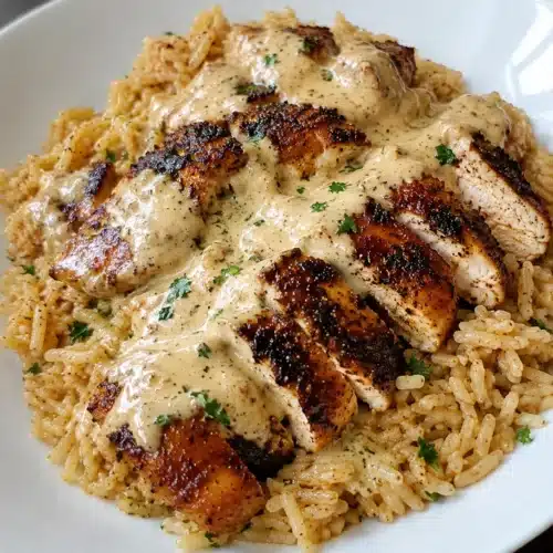 Creamy Cajun Chicken with Garlic Rice topped with creamy Parmesan Cajun sauce