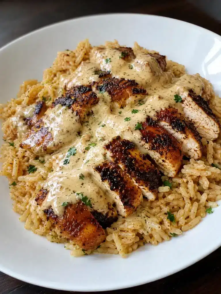 Creamy Cajun Chicken with Garlic Rice topped with creamy Parmesan Cajun sauce
