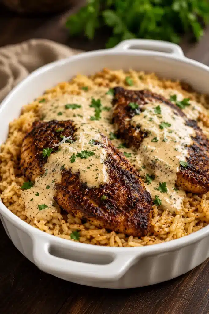 Creamy Cajun Chicken with Garlic Rice meal prep containers topped with creamy Cajun sauce