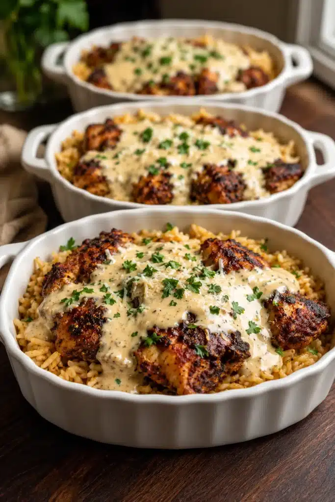Creamy Cajun chicken with garlic rice topped with rich parmesan sauce in baking dishes