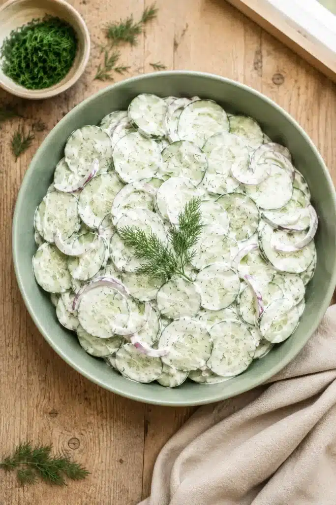 Creamy Cucumber Salad with dill dressing and sliced red onions