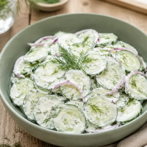 Creamy cucumber salad with dill dressing and red onions in a ceramic bowl