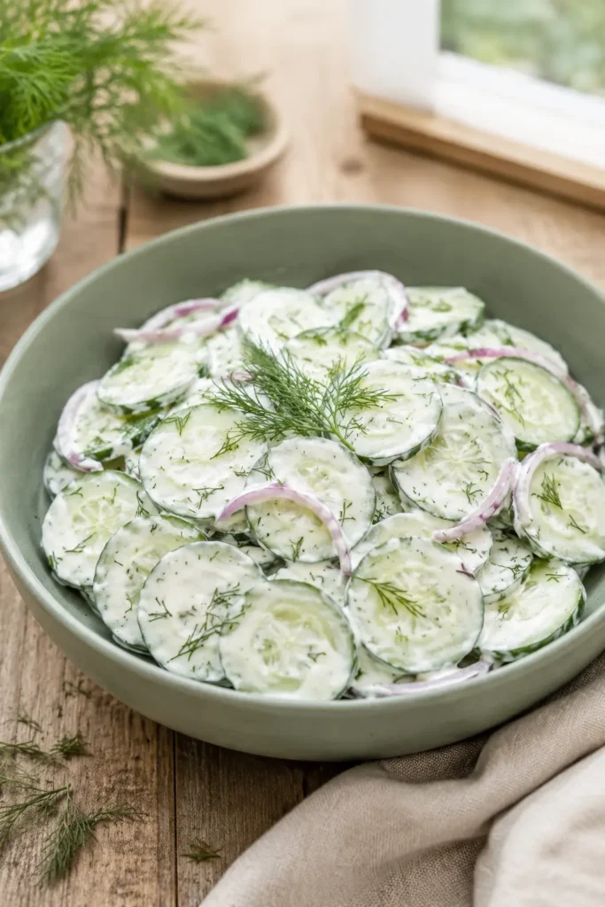 Creamy cucumber salad with dill dressing and red onions in a ceramic bowl