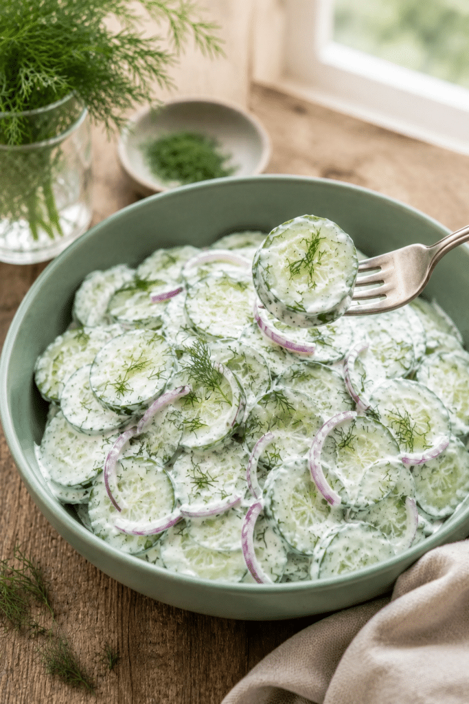 Creamy Cucumber Salad with dill dressing and red onion in a green bowl