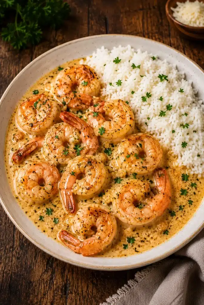 Creamy Garlic Shrimp in a rich garlic Parmesan sauce skillet