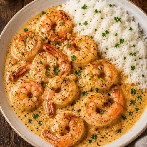 Creamy Garlic Shrimp served with fluffy white rice and parsley