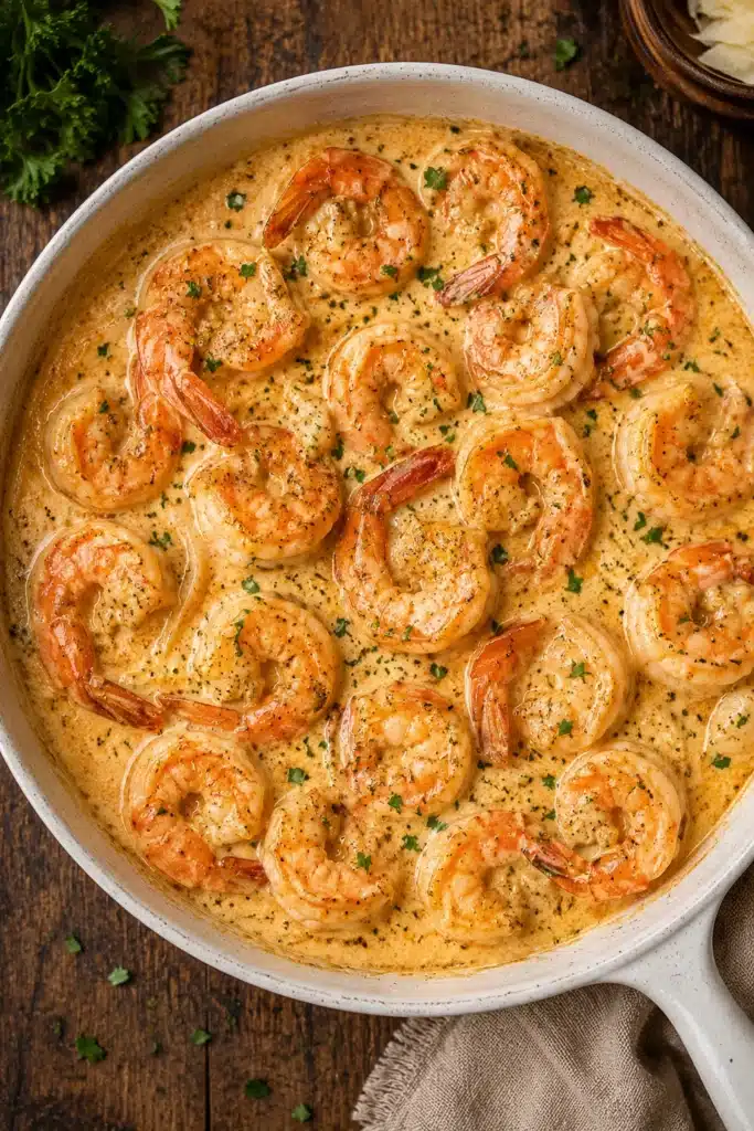 Creamy Garlic Shrimp in a rich garlic Parmesan sauce skillet