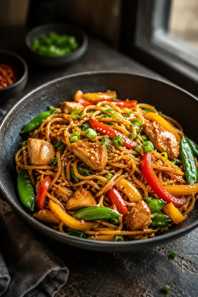 Delicious chicken lo mein with tender chicken, vegetables, and savory noodles in a black bowl