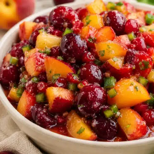 Delicious Peach Cherry Salsa with juicy peaches, cherries, cilantro, and fresh lime