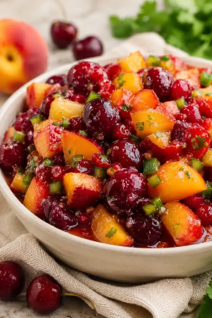 Delicious Peach Cherry Salsa with juicy peaches, cherries, cilantro, and fresh lime