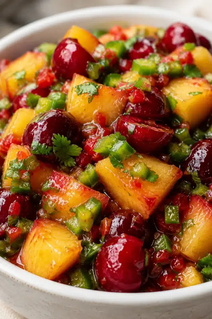Delicious Peach Cherry Salsa close up with peaches, cherries, cilantro, and jalapeño