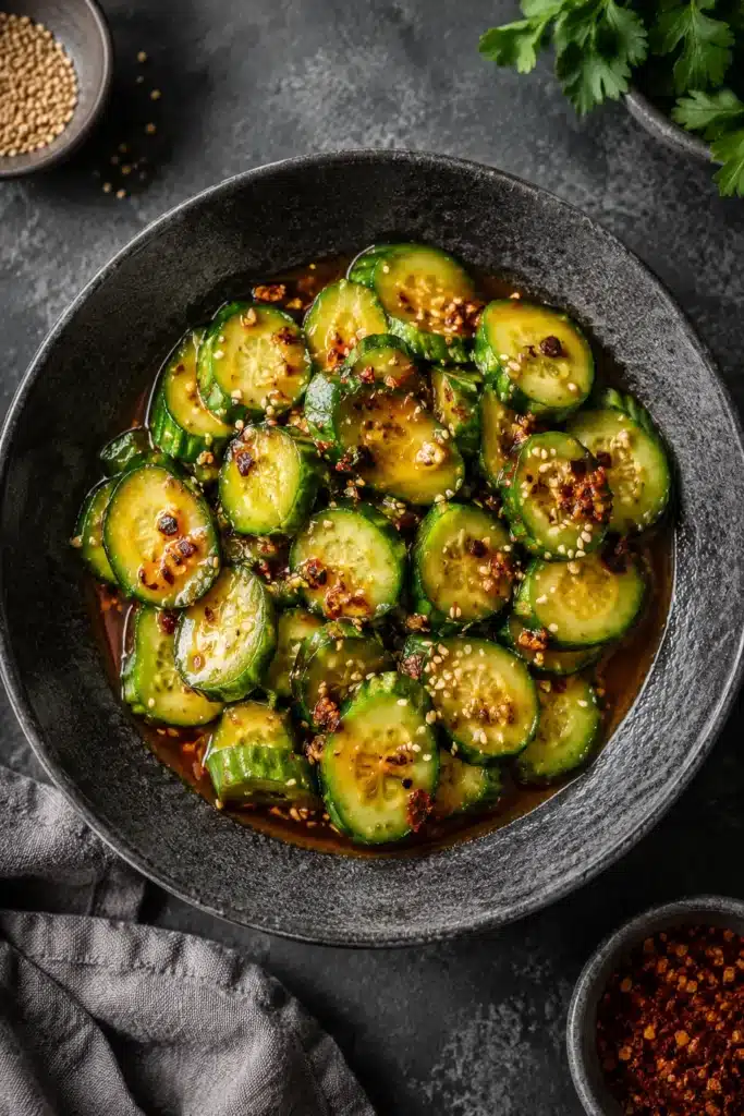 Easy Asian Cucumber Salad with sesame seeds and chili dressing in a ceramic bowl