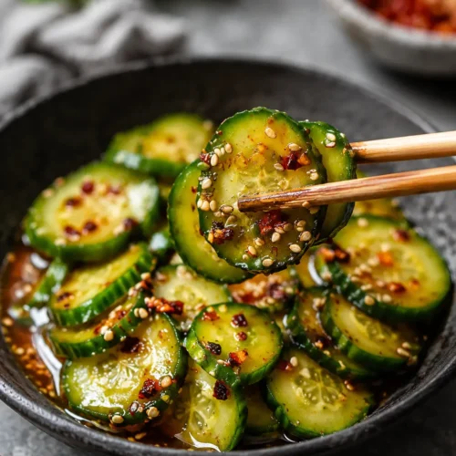 Easy Asian Cucumber Salad with sesame seeds, chili flakes, and savory dressing in a ceramic bowl
