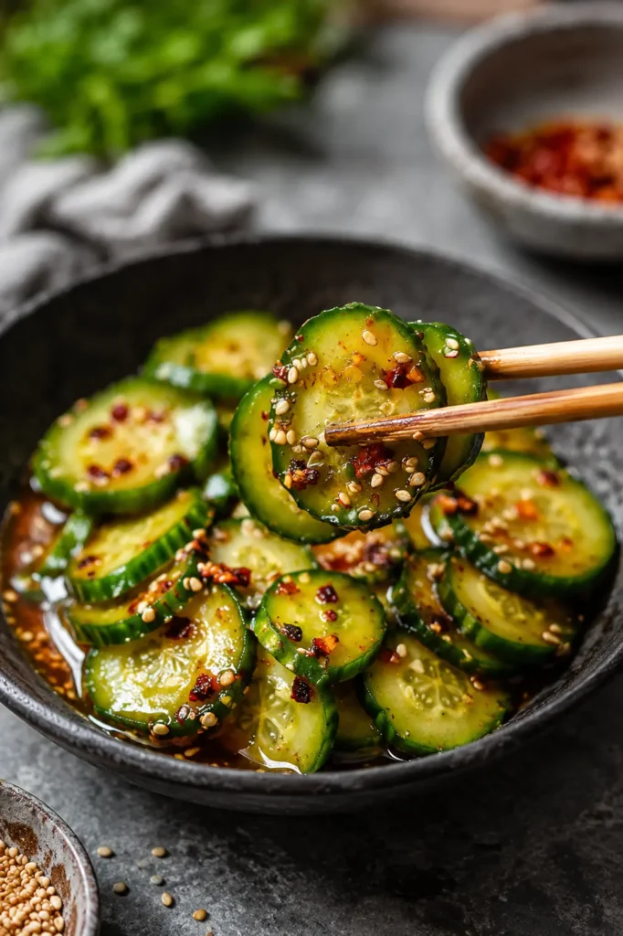 Easy Asian Cucumber Salad with sesame seeds, chili flakes, and savory dressing in a ceramic bowl